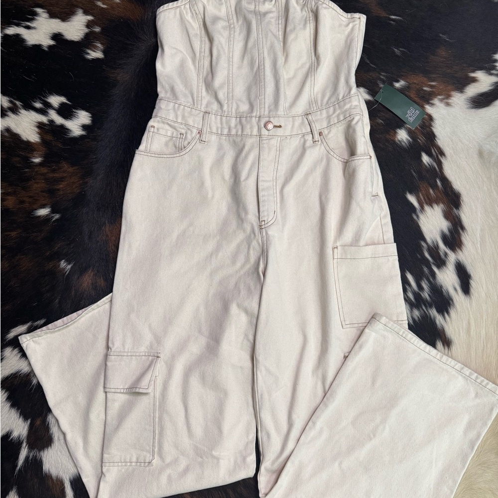 Women's Cream Cargo Jean Jumpsuit